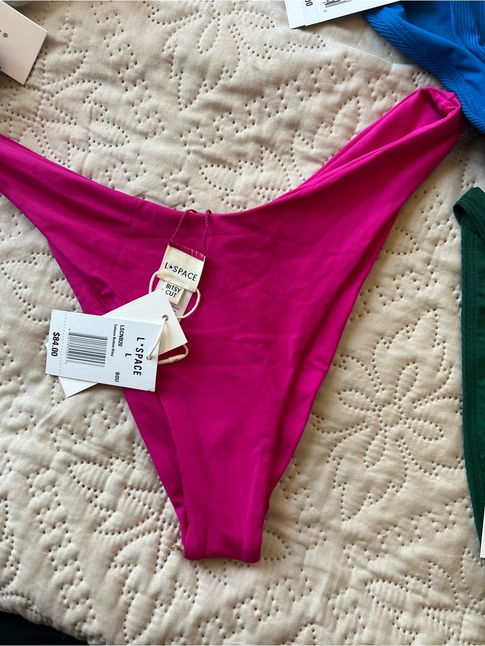 l*space Ribbed Bikini Bottoms Trio in Blue, Pink & Green - Picture 2 of 4